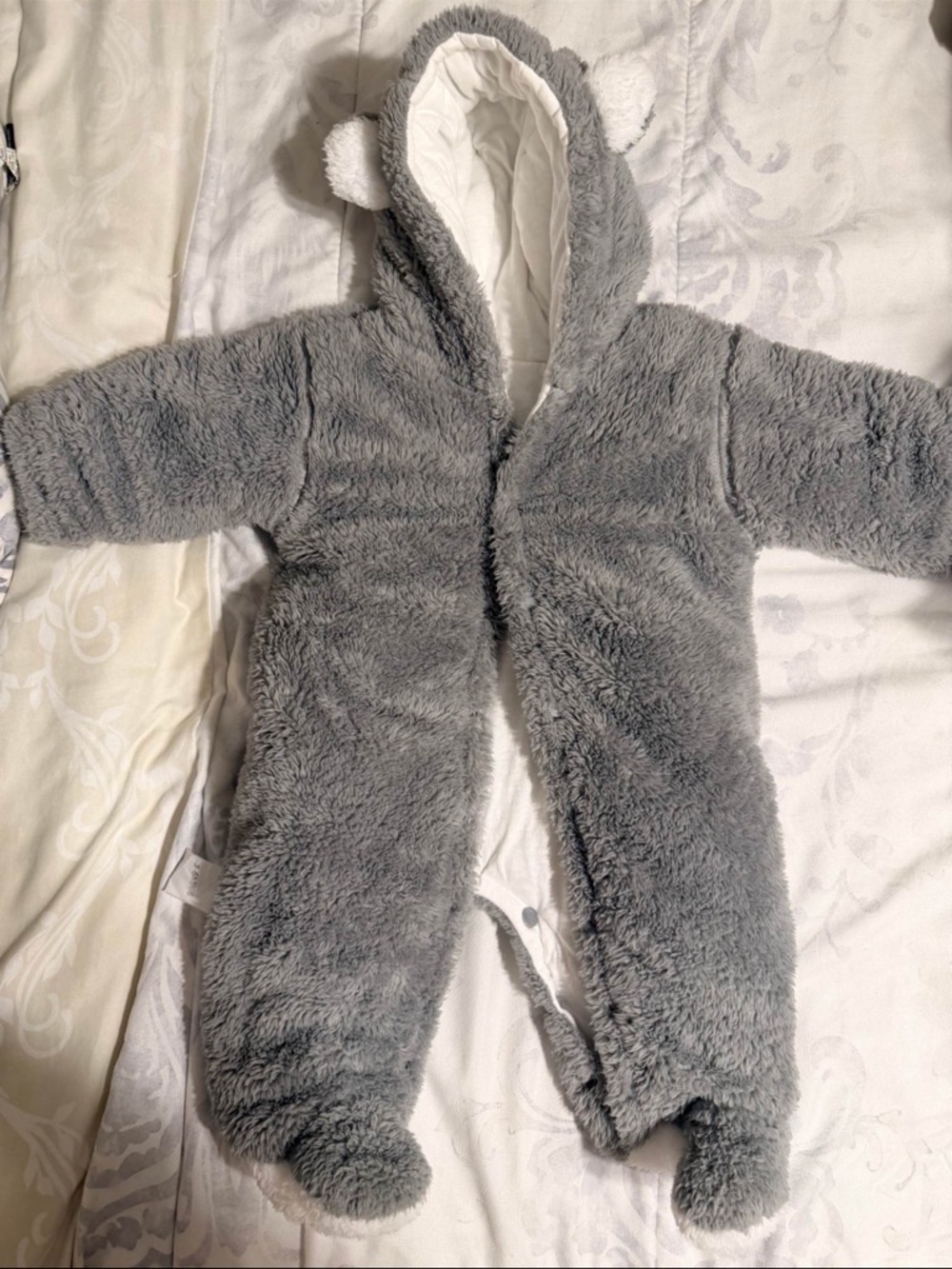 Plush Gray Hooded Baby One-Piece with Ears